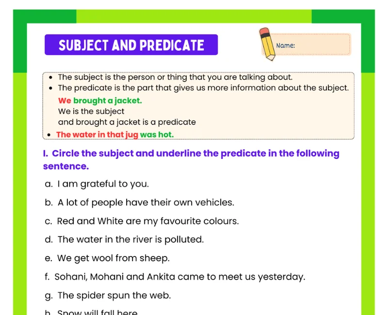 Subject and Predicate Worksheet with Answers